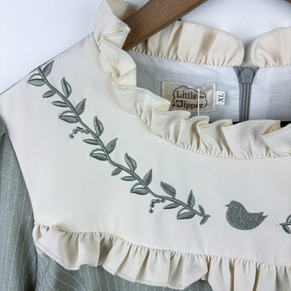Lolita Little Dipper Sage Green Embroidered Ruffle Lace Long Sleeve Midi Dress - Picture 5 of 8